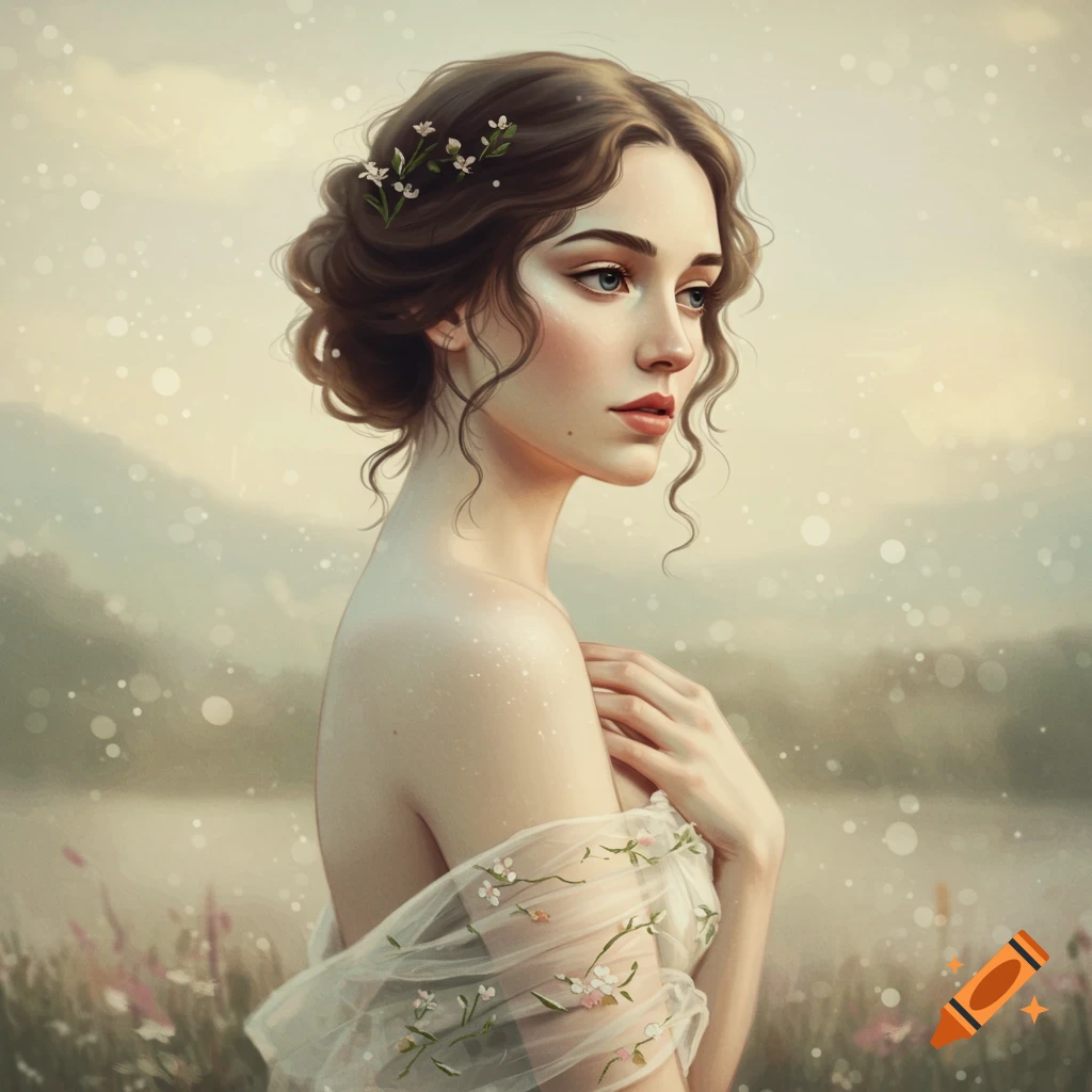 Portrait of a woman in a sheer floral dress in a misty landscape, romantic style.