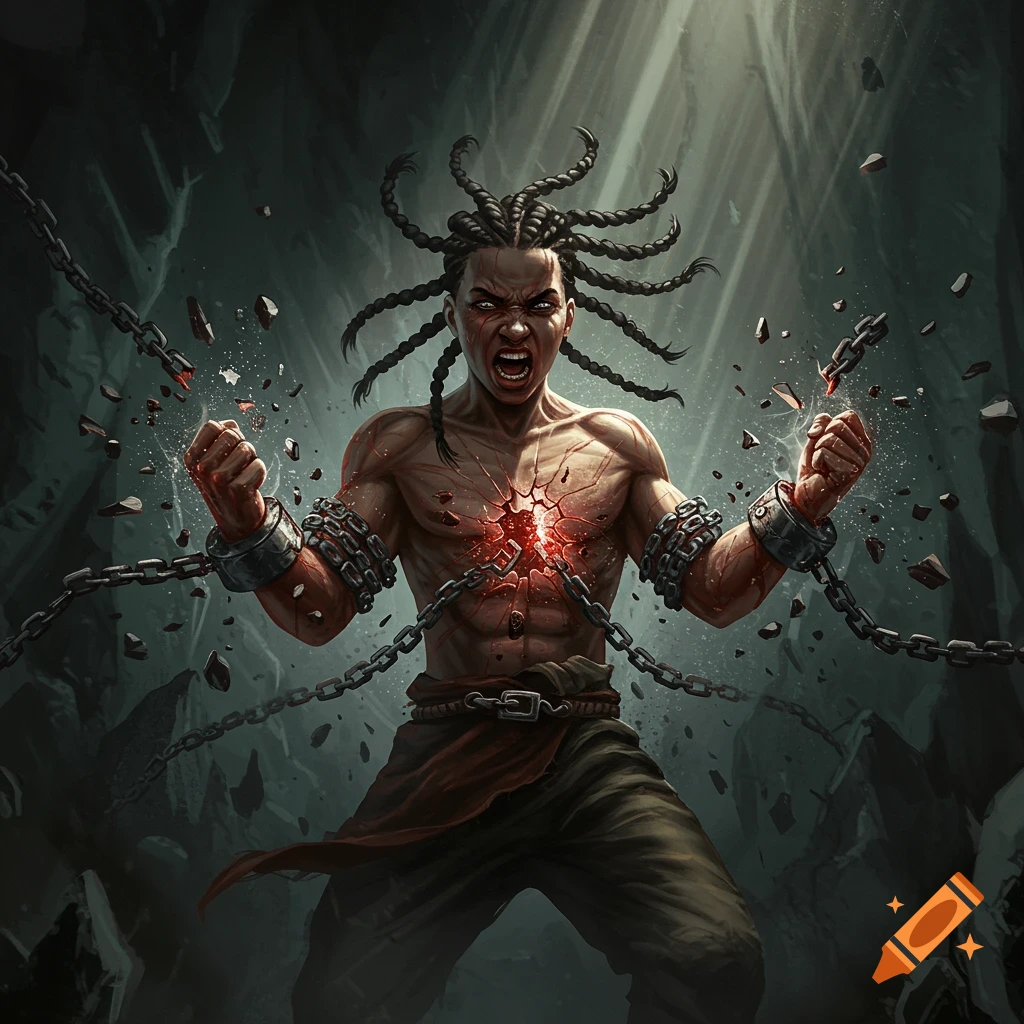 Muscular figure with braided hair breaking chains in a dark cavern, fantasy art.