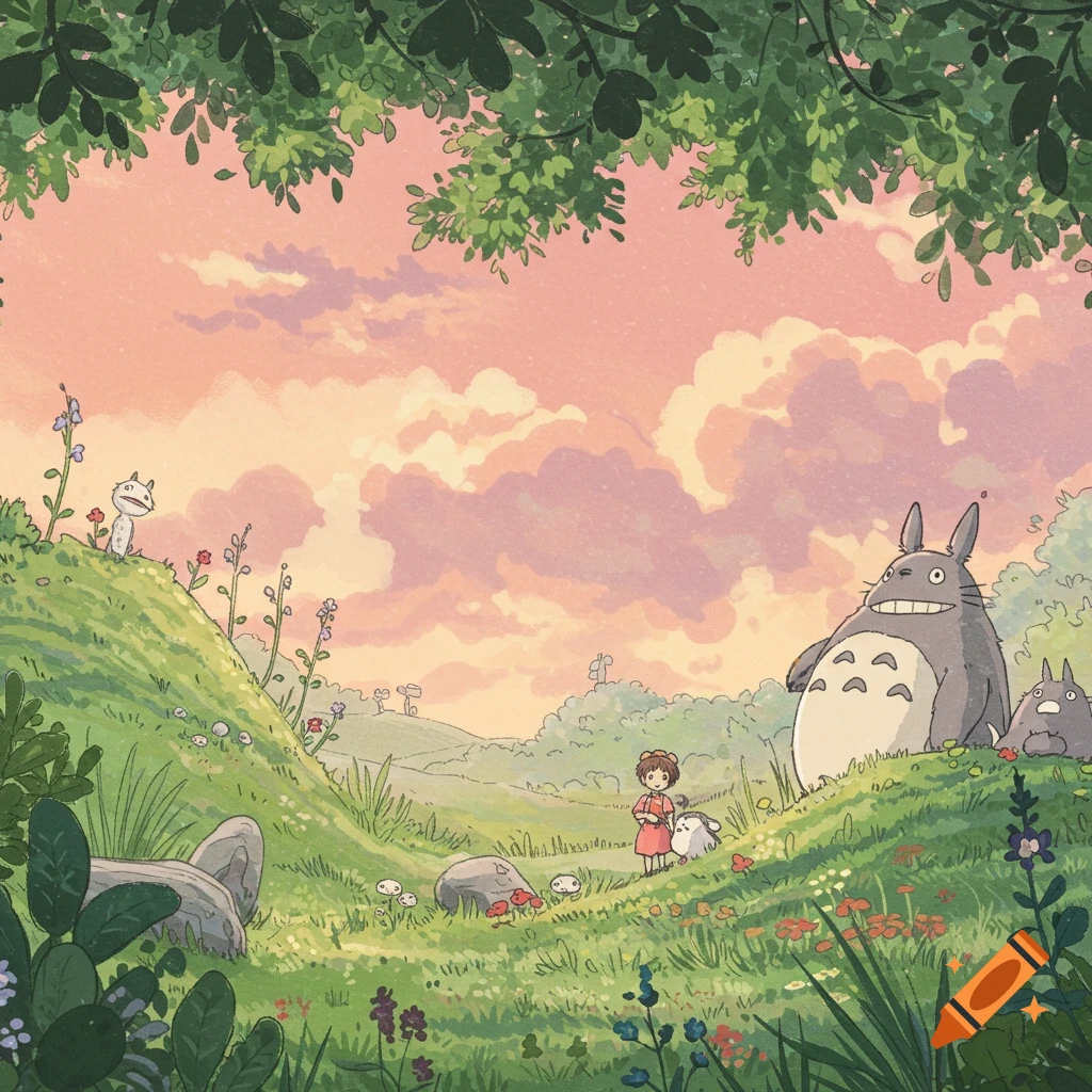Hand-drawn illustration of a girl with large forest creatures in a hilly, natural landscape.