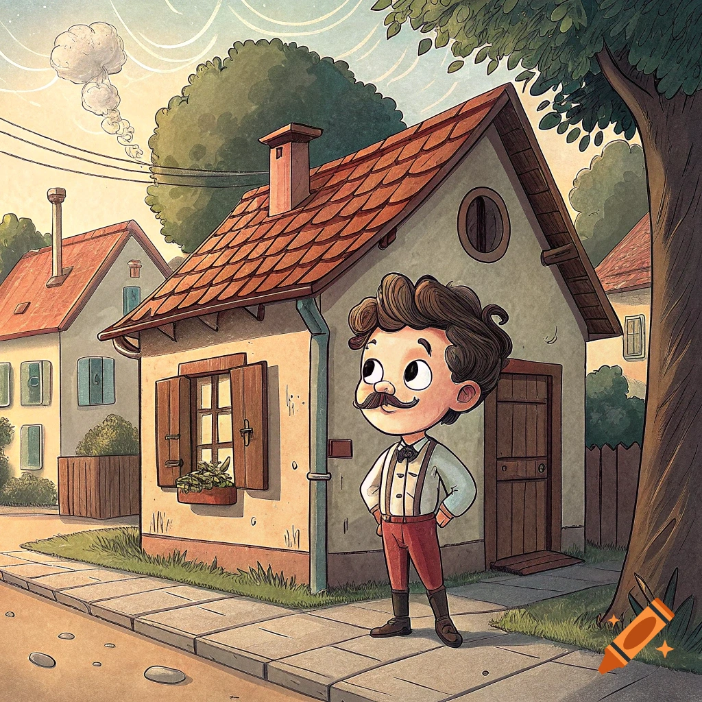 Cartoon illustration of a boy with a mustache and suspenders standing outside a small house on a street.
