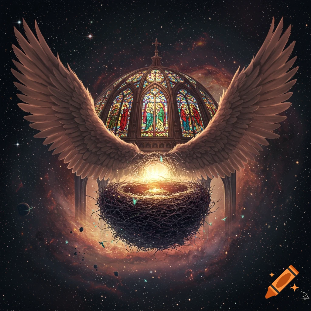 Fantasy image of a large nest floating in space under a winged dome with stained glass windows.