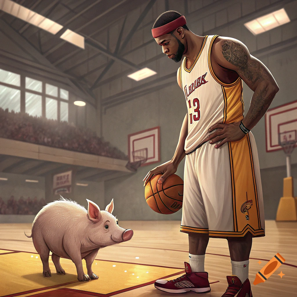 Basketball player holding a ball looks down at a pig on the court.