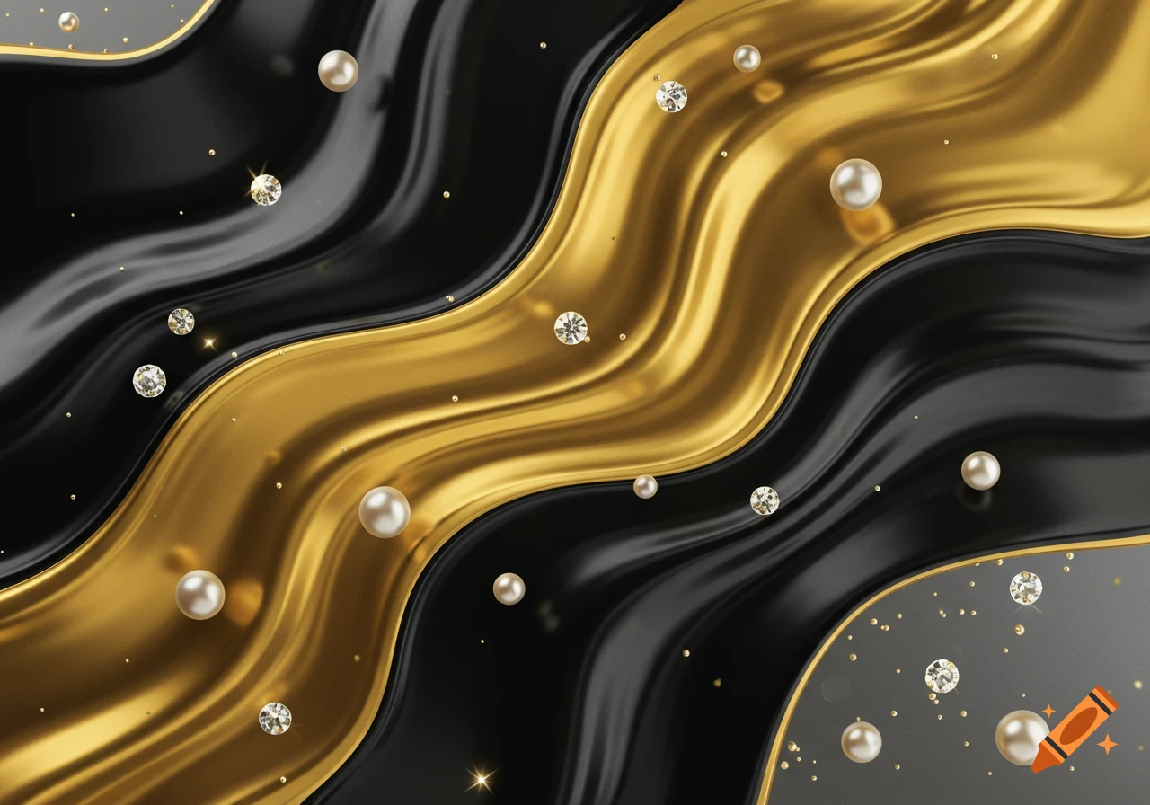 Abstract pattern of gold and black waves with scattered pearls and diamonds.