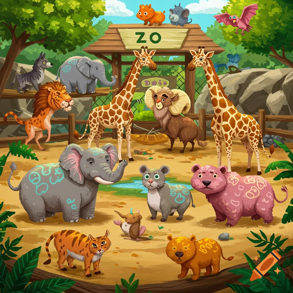Illustration of various cartoon animals like giraffes, elephants, a lion, and more in a zoo
