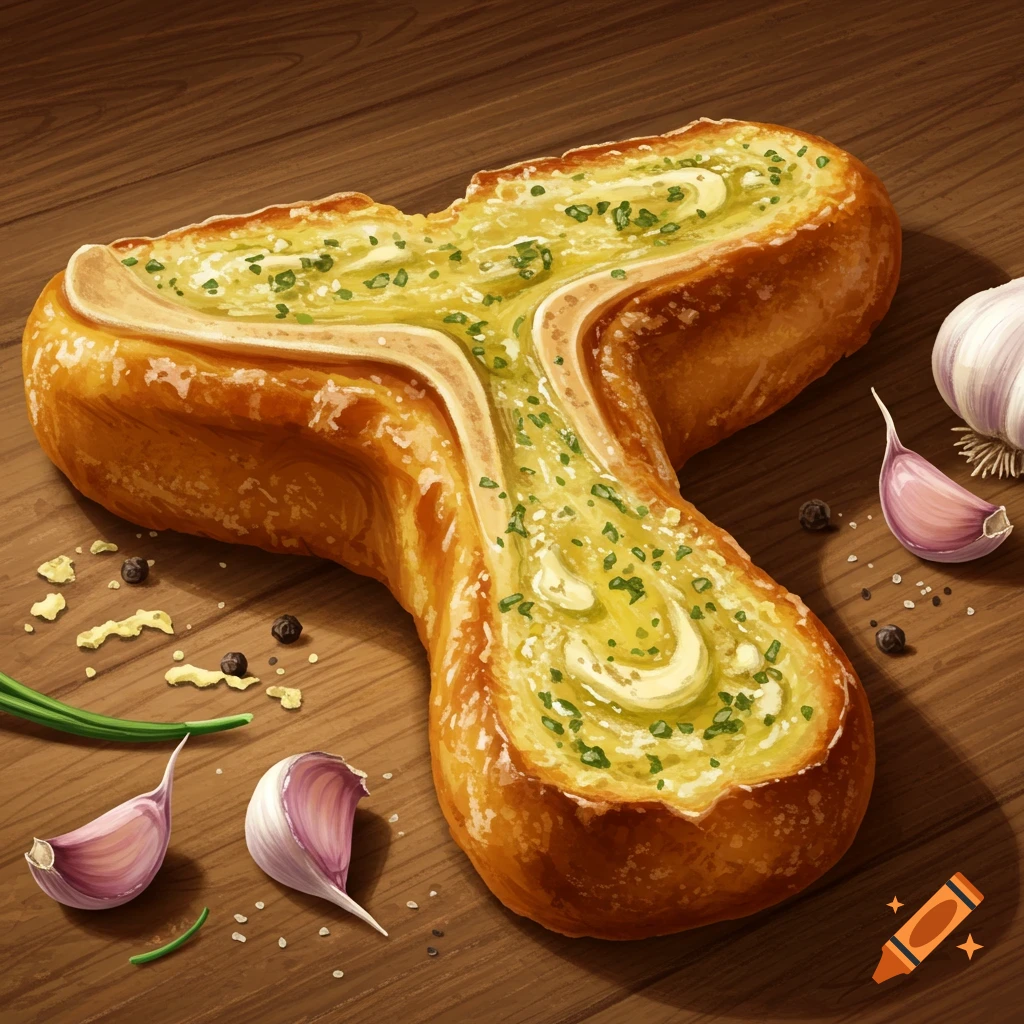 A 'T' shaped piece of garlic bread with butter and herbs on a wooden table with garlic cloves.