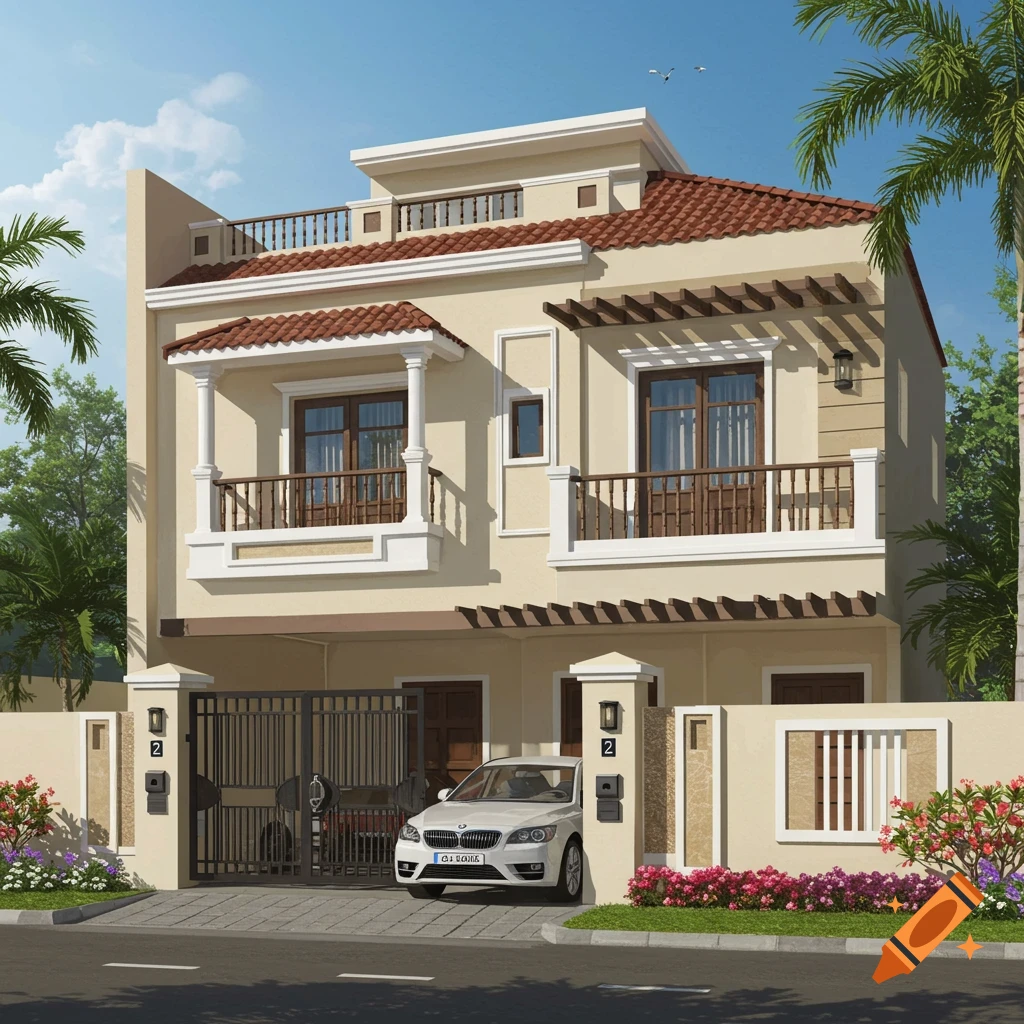 Exterior view of a modern two-story beige house with red roof tiles, balconies, gate, and a white car.