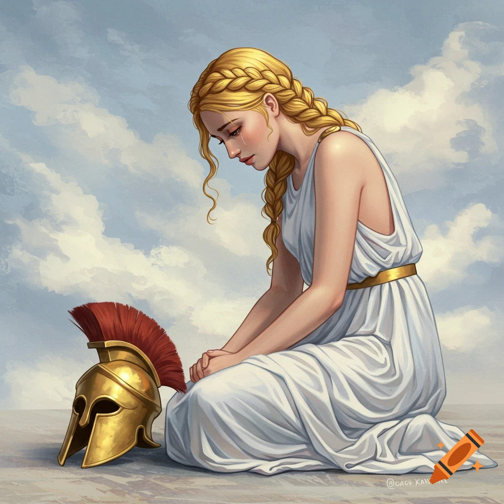 Illustration of Athena in ancient Greek dress kneeling sadly next to a Spartan helmet under a cloudy sky.