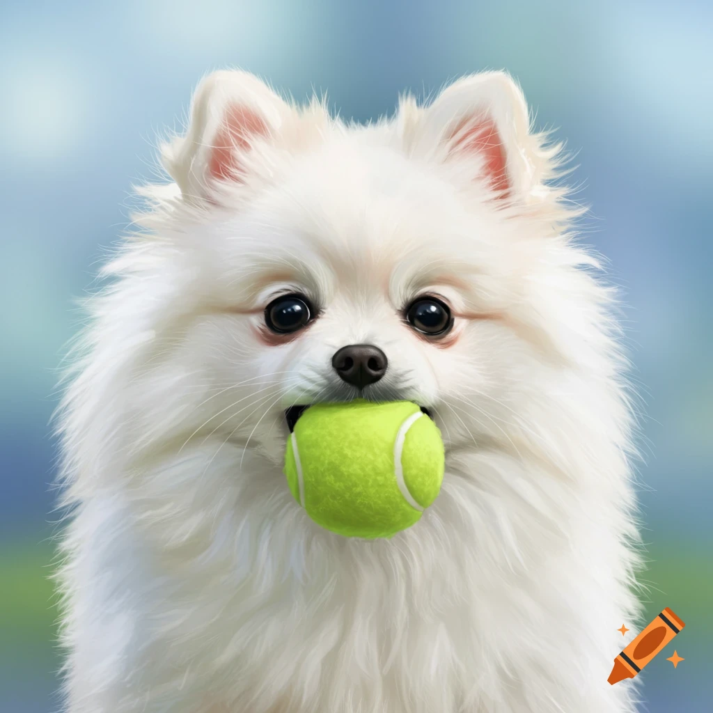 Close-up of a cute fluffy white dog holding a green tennis ball in its mouth.