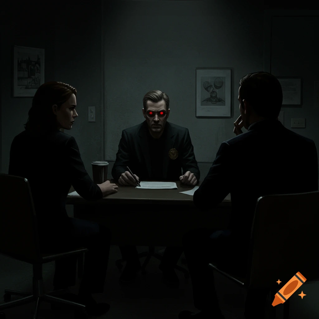 Three people in a dark interview room, one with glowing red eyes signs a document. Mysterious atmosphere.