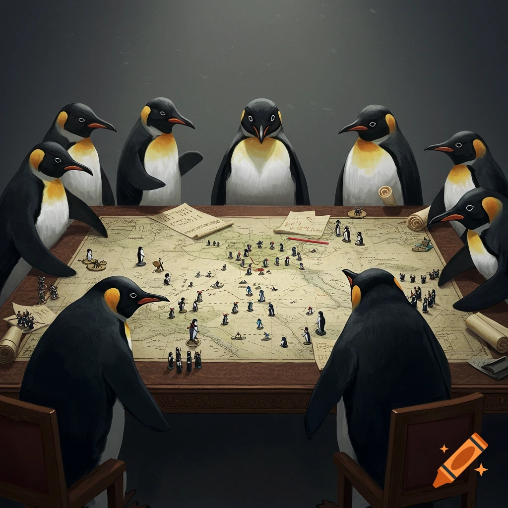 Penguins gather around a table with a map covered in small figures, discussing strategy.
