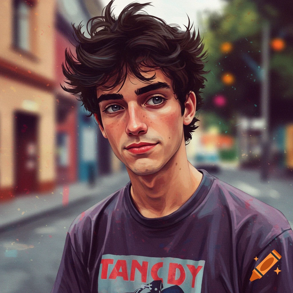 A young man with messy hair and freckles wears a t-shirt on a street.