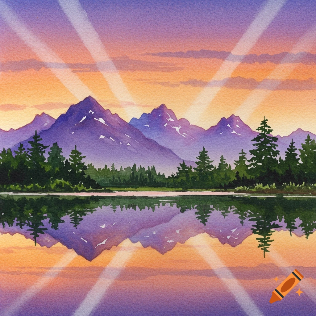 Watercolor painting of mountains, trees, and a lake reflecting a sunset with sun rays.