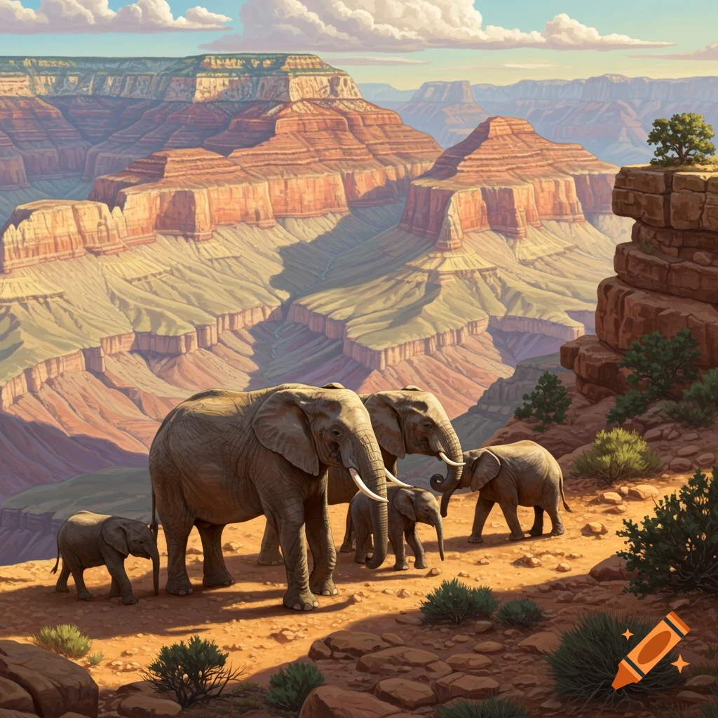 A family of elephants stands on a ridge overlooking the Grand Canyon.