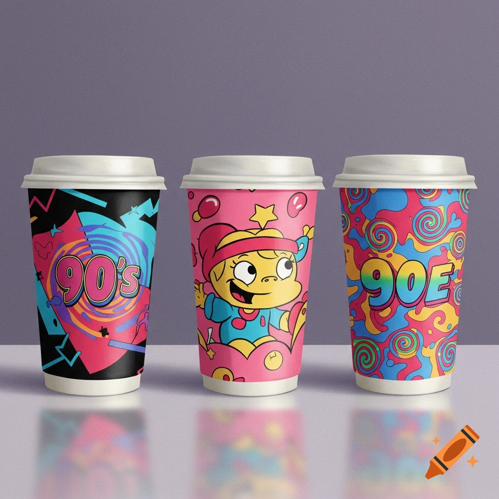 Three coffee cups displaying colorful 90s pop style designs, including a cartoon character and abstract patterns.