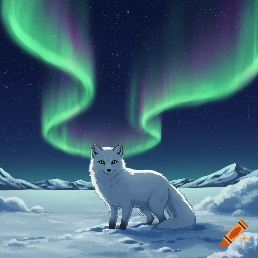 An anime arctic fox on a snowy plain under a starry sky with green and purple northern lights.