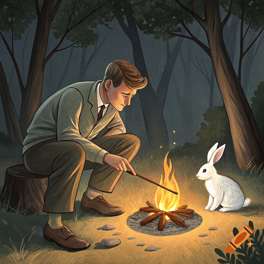 An illustration of a man in a suit crouching by a campfire with a white rabbit in the woods.
