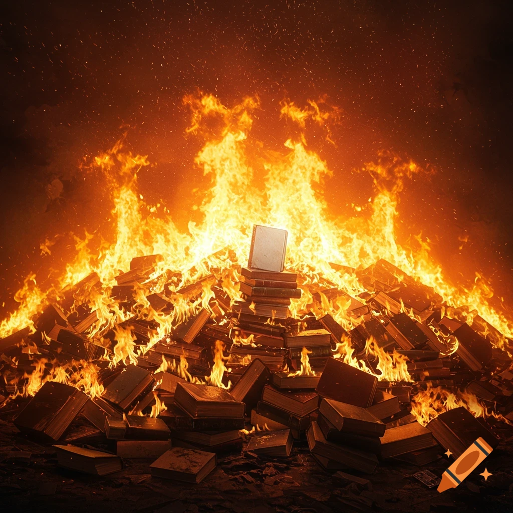 A large pile of books burns intensely, with one book remaining untouched on top.