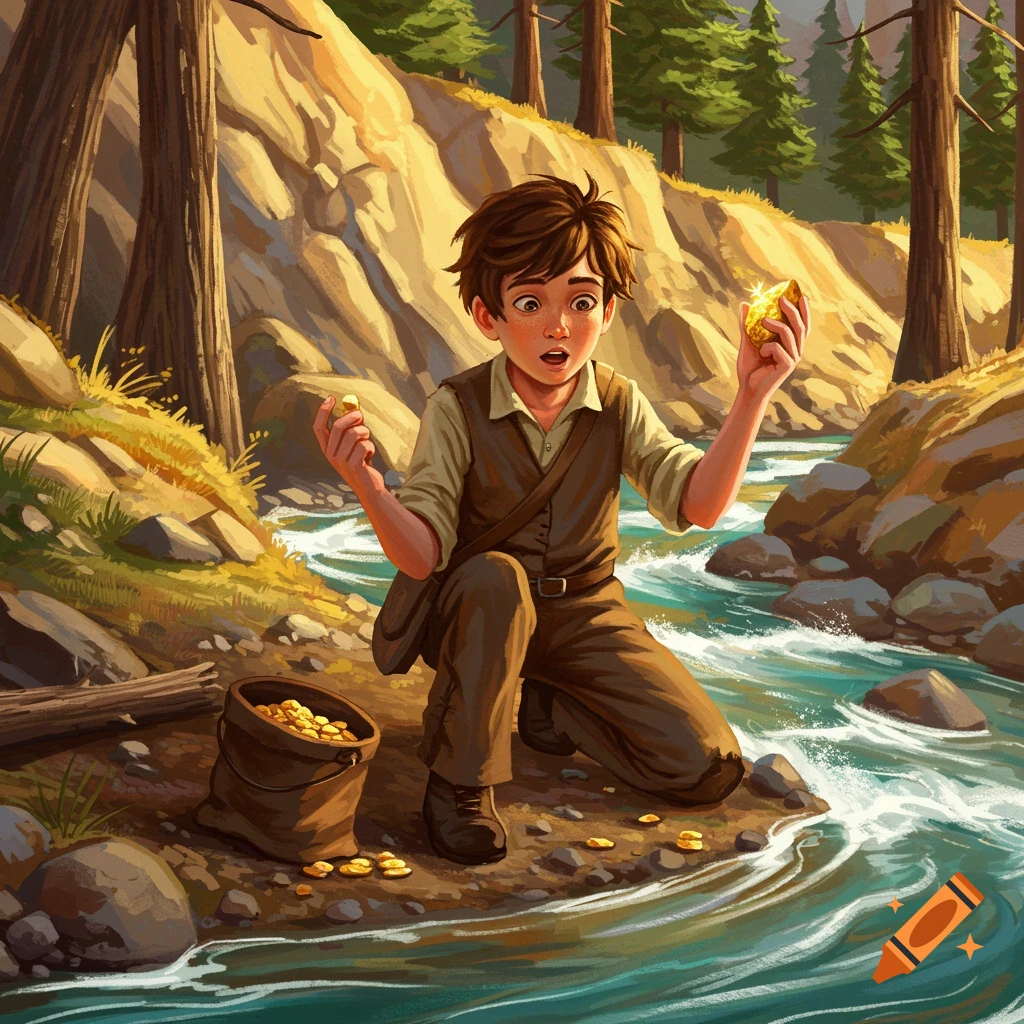 An illustration of a boy kneeling by a stream, holding up a large gold nugget in excitement, with a bucket of gold beside him in a sunny forest.