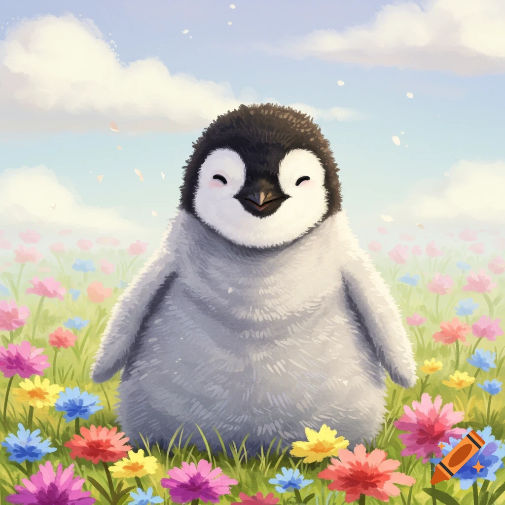Illustration of a fluffy baby penguin standing in a field of colorful flowers.