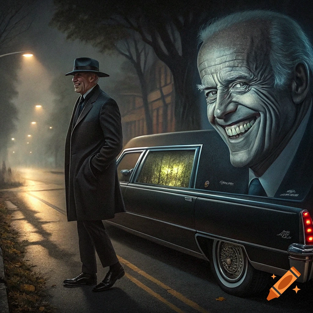A man in a hat and coat stands by a hearse on a dark street at night, while a giant, grinning face peers over the car.