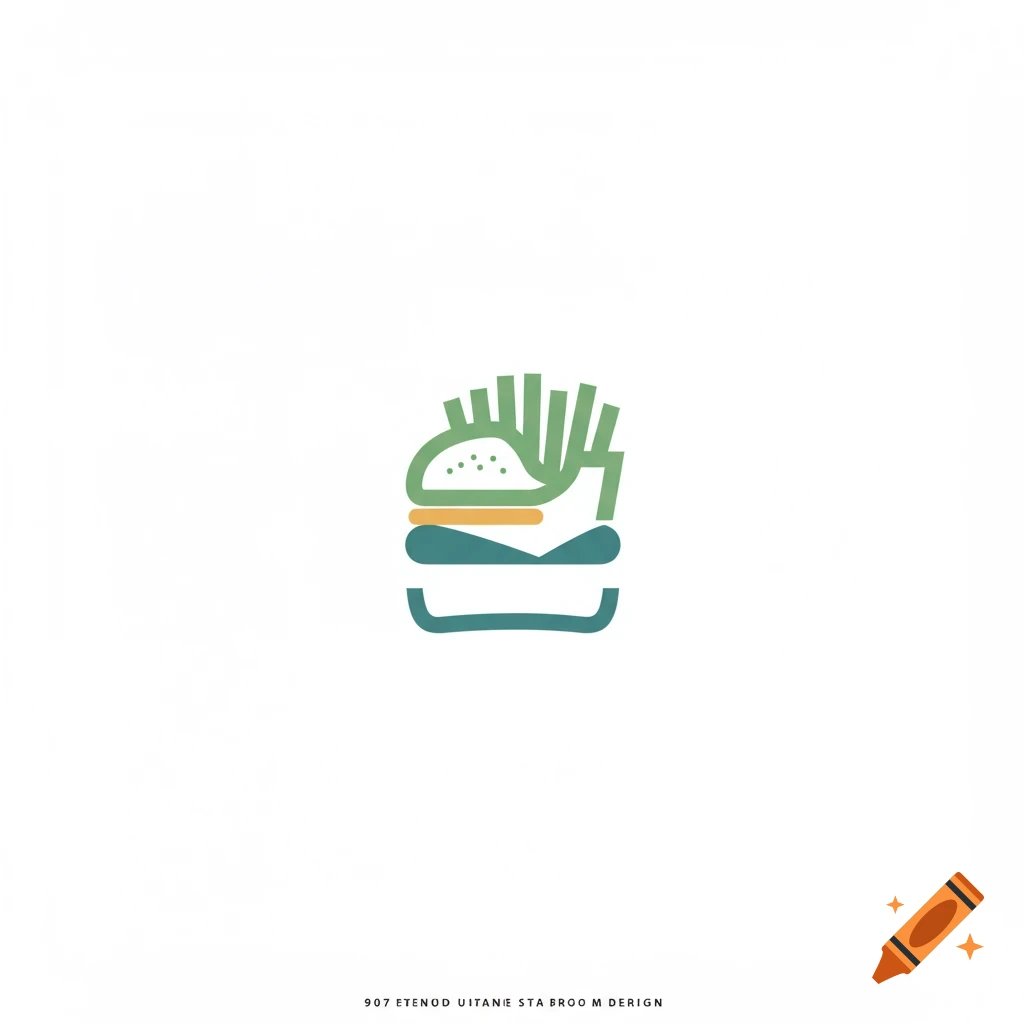 A minimalist logo of a burger and fries in green, orange, and blue.