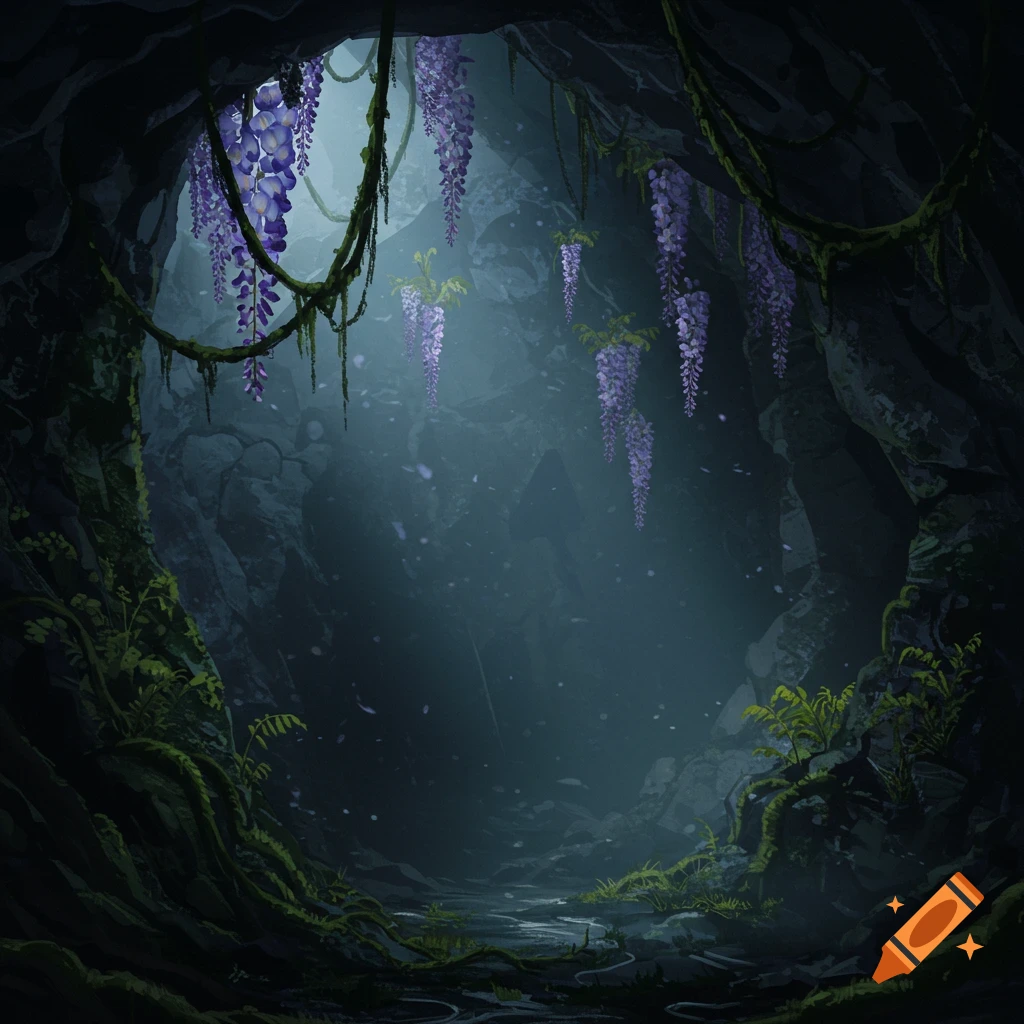 Illustration of a dimly lit cave with vines and hanging purple wisteria flowers, with light from the ceiling.