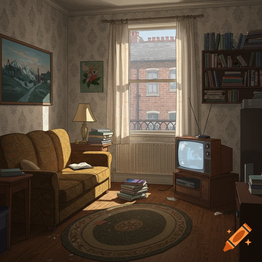 An old-fashioned apartment living room with sunlight, a sofa, bookshelf, TV, and window view.