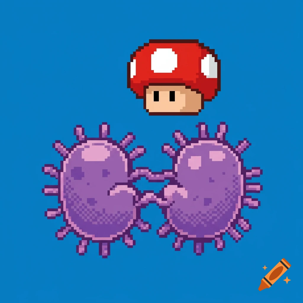 Pixelated Super Mario mushroom floats above two connected purple pixelated bacteria cells on a blue background.