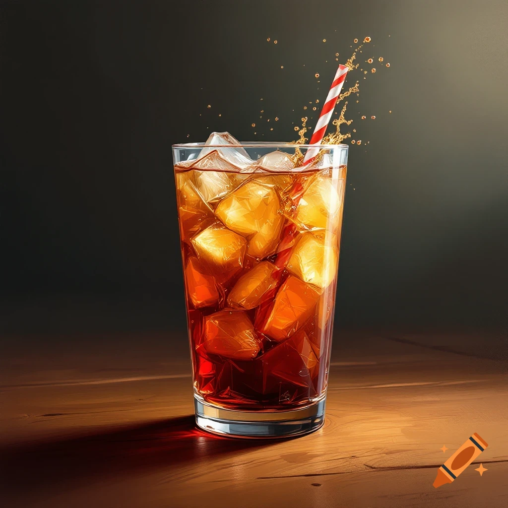 Tall glass of iced beverage with a red and white straw splashing, on a wooden table.
