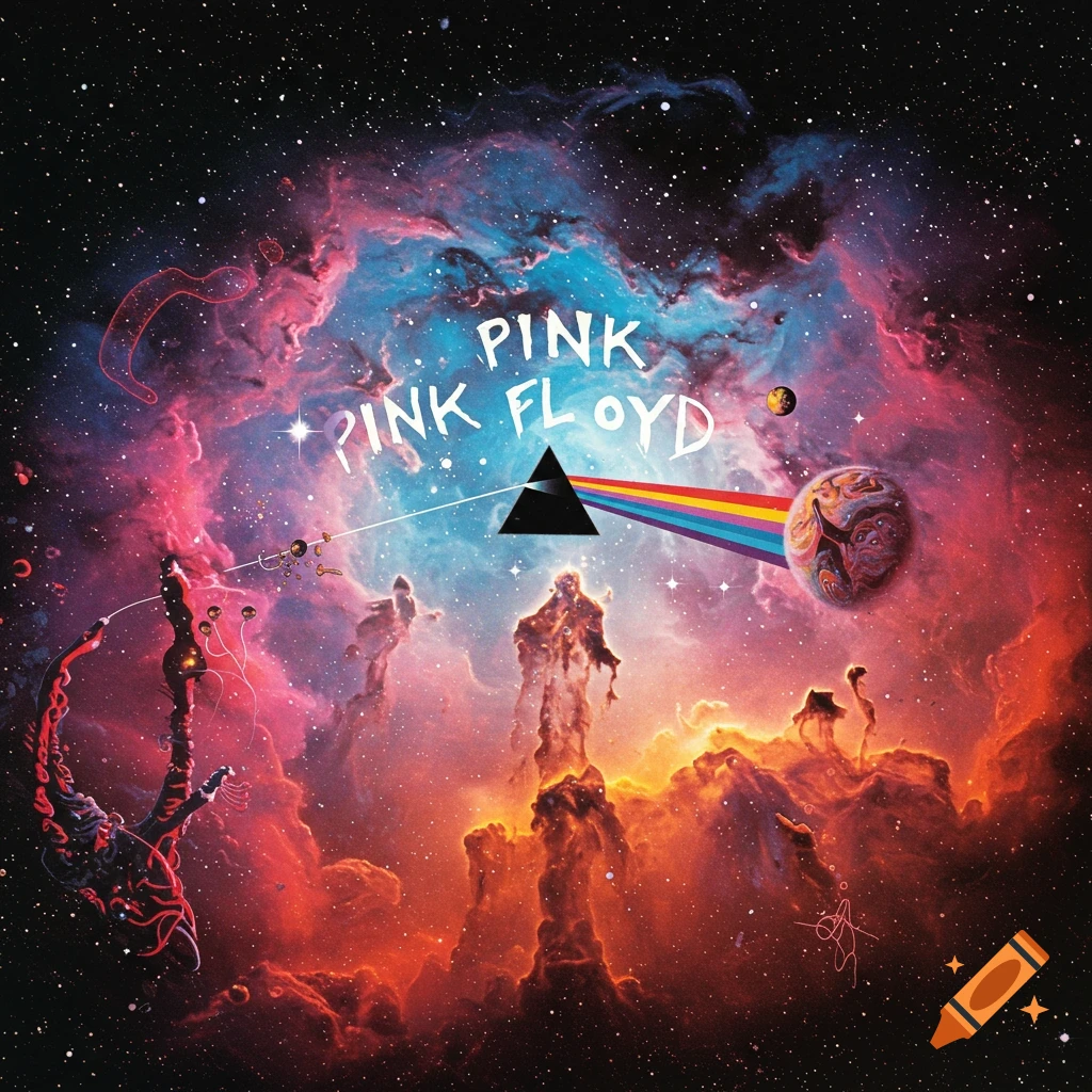 Psychedelic space scene with colorful nebulae, pillars of gas, stars, planets, a black triangle with a rainbow, and text 'PINK PINK FLOYD'.