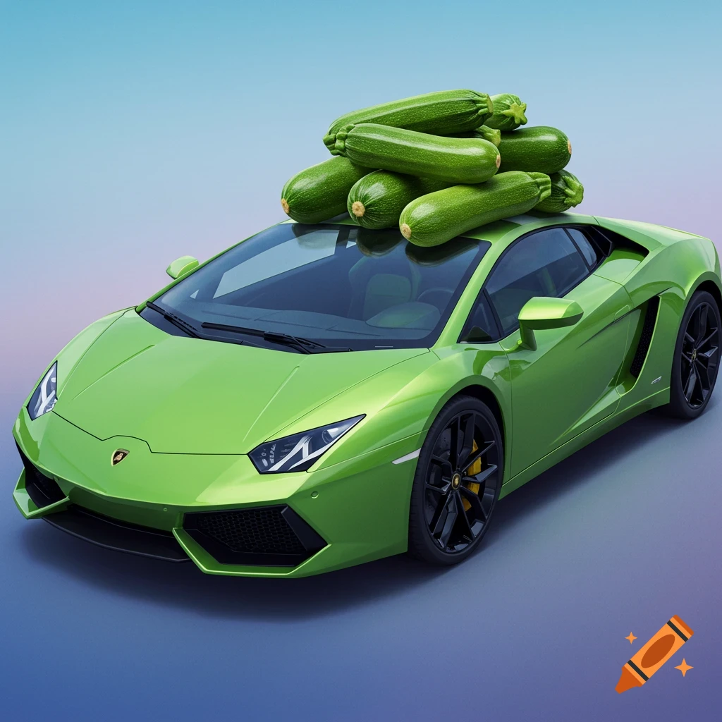 Green Lamborghini sports car with zucchinis piled on the roof.