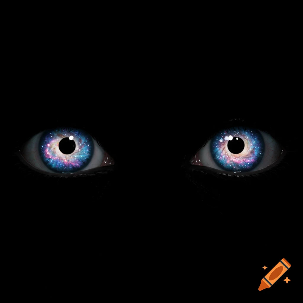 Close-up of two eyes in darkness with colorful galaxies filling the irises.
