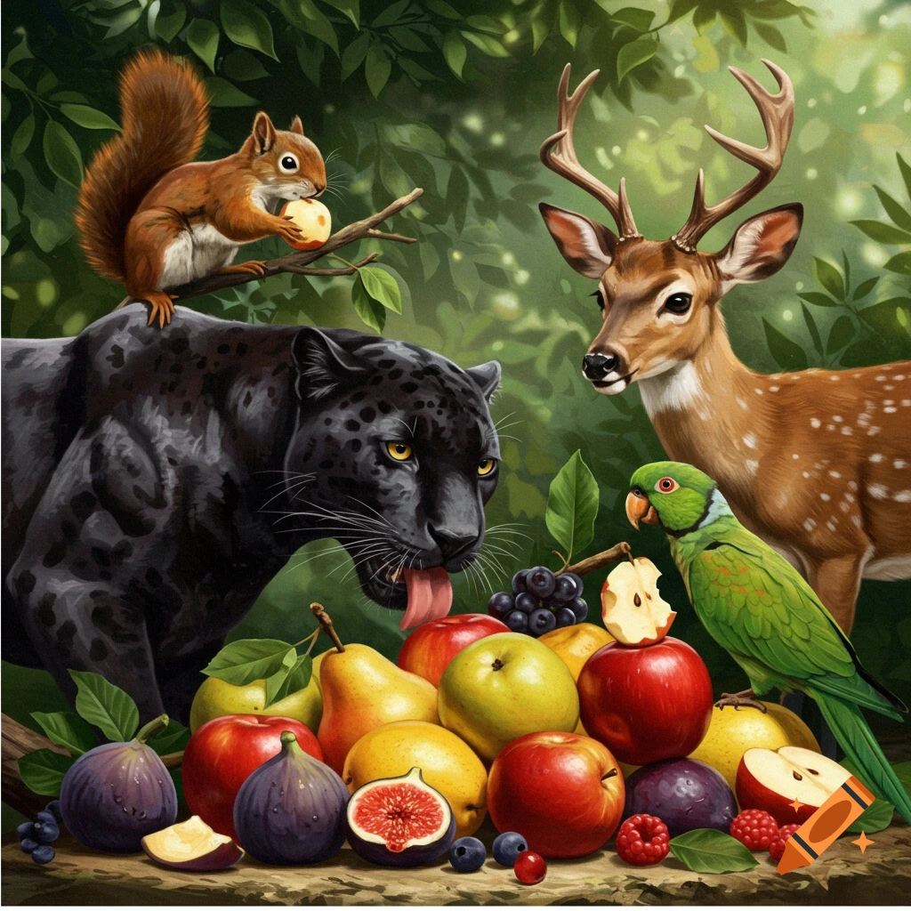 An illustration of a black panther, deer, squirrel, and parrot gathered around a pile of fruit in a forest.