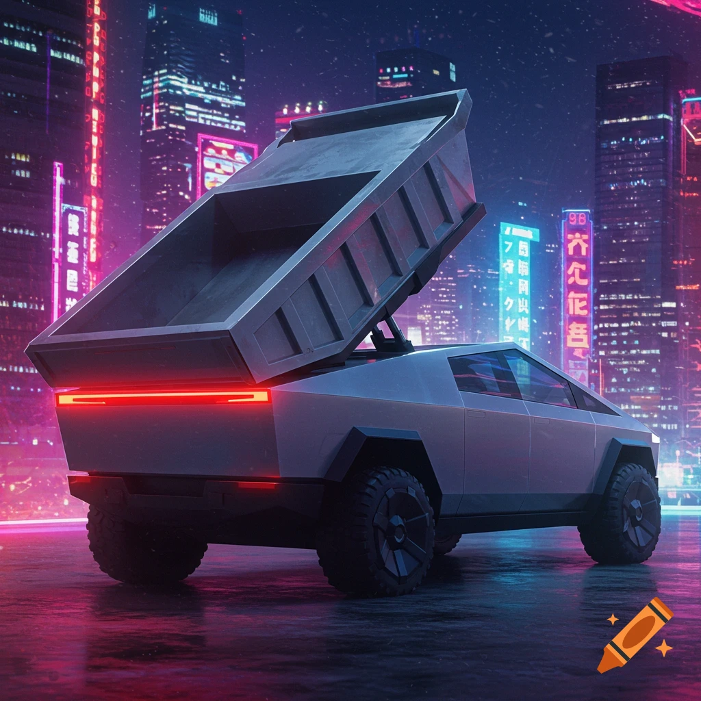 A futuristic truck with its rear bed raised, parked in a neon-lit cyberpunk city at night.