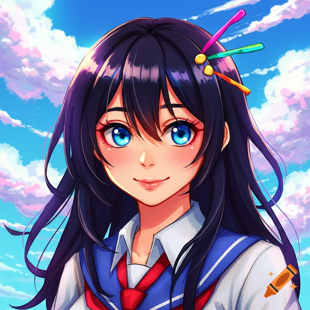 Anime portrait of a girl with blue eyes in a school uniform against a cloudy blue sky.