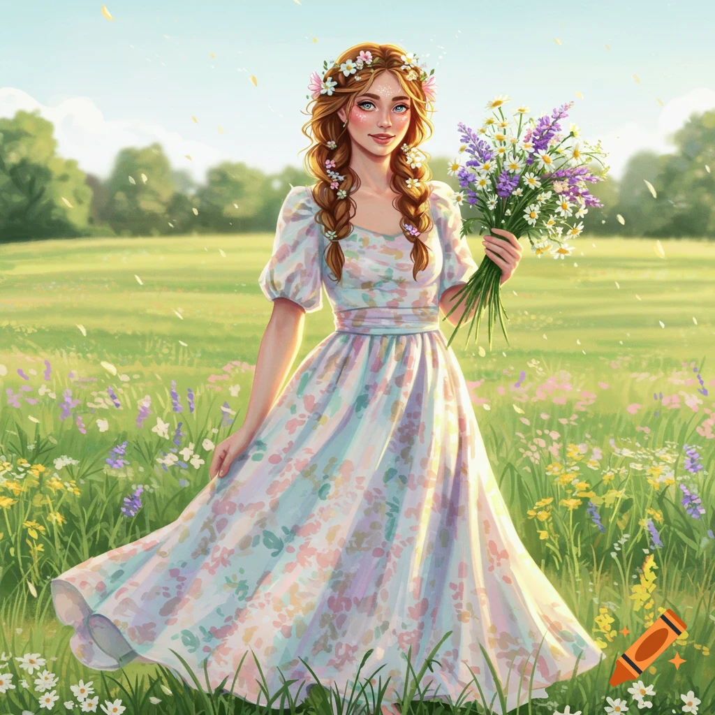 Illustration of a woman in a floral dress standing in a field of flowers, holding a bouquet.