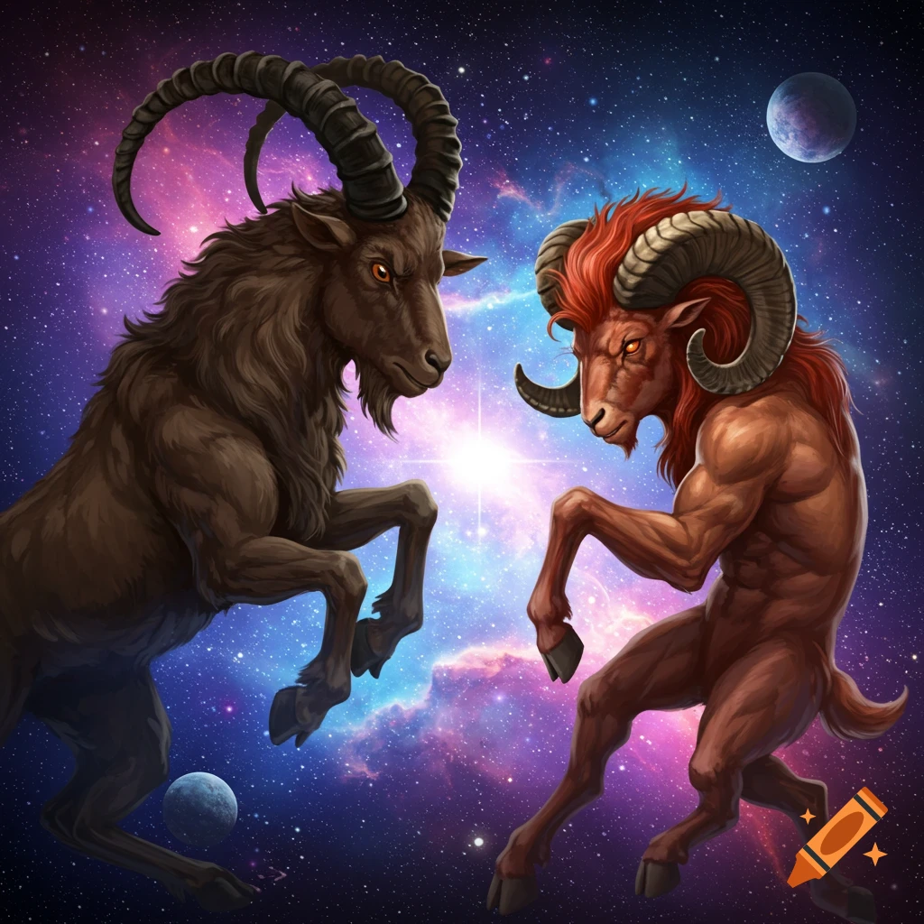Fantasy art of a Capricorn-like creature and an Aries-like creature fighting in space.