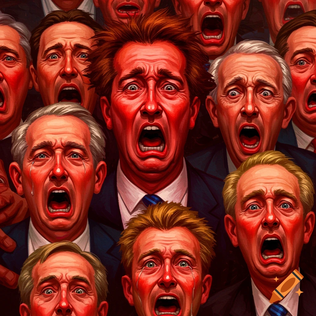 A crowd of men with red faces are screaming and crying with wide eyes.