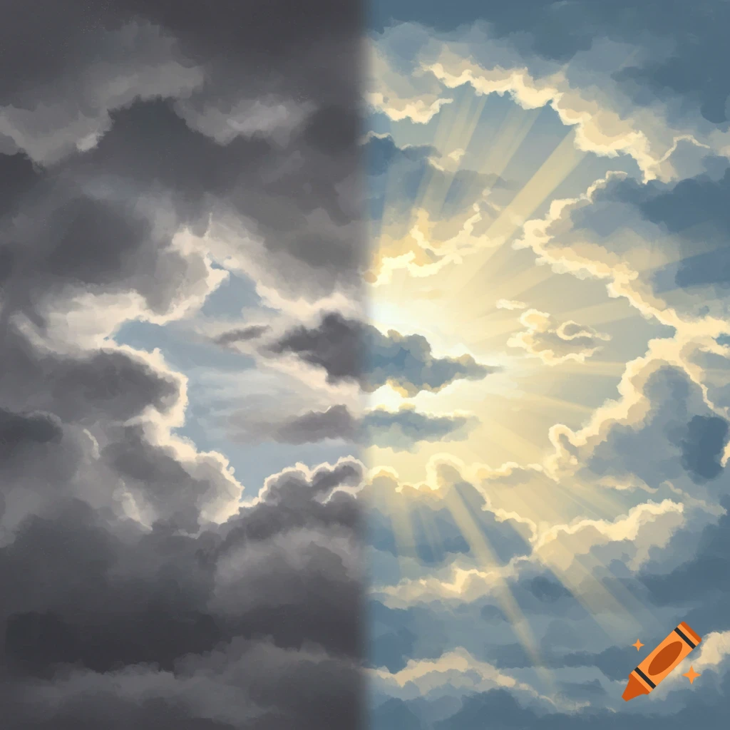 Split sky image showing dark storm clouds on the left and sunny rays breaking through clouds on the right.