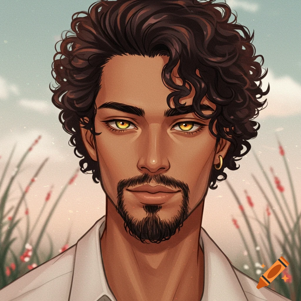 Anime portrait of a man with curly dark hair, topaz eyes, and a goatee, outdoors.
