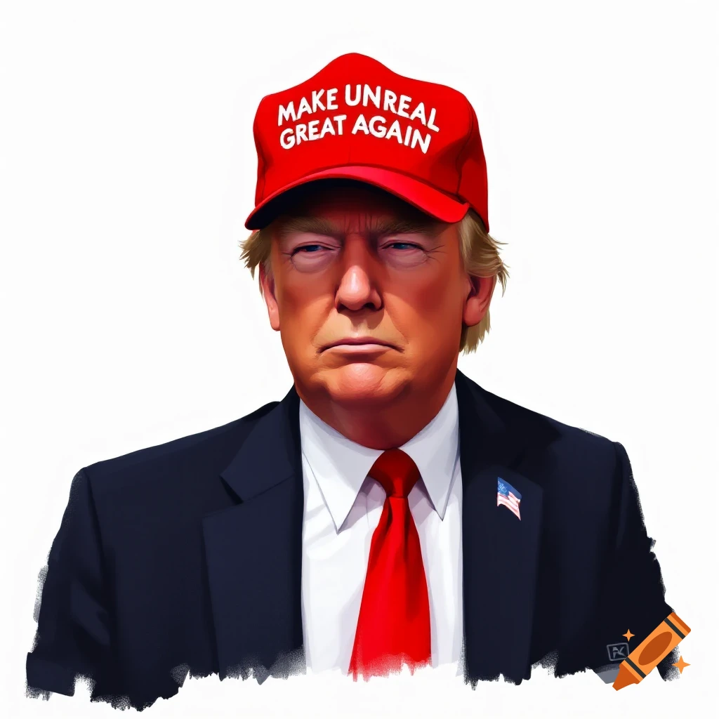 Illustration of Donald Trump wearing a suit and red cap with 'MAKE UNREAL GREAT AGAIN' text.