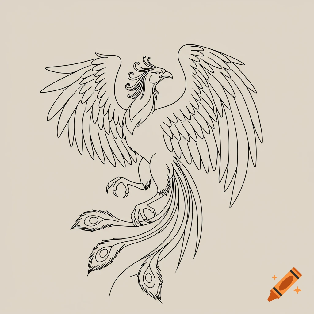 A black line drawing of a phoenix with wings spread and one talon raised.