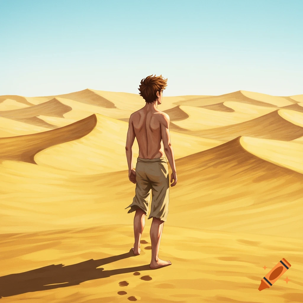Illustrated man looking out over a vast desert landscape with sand dunes.