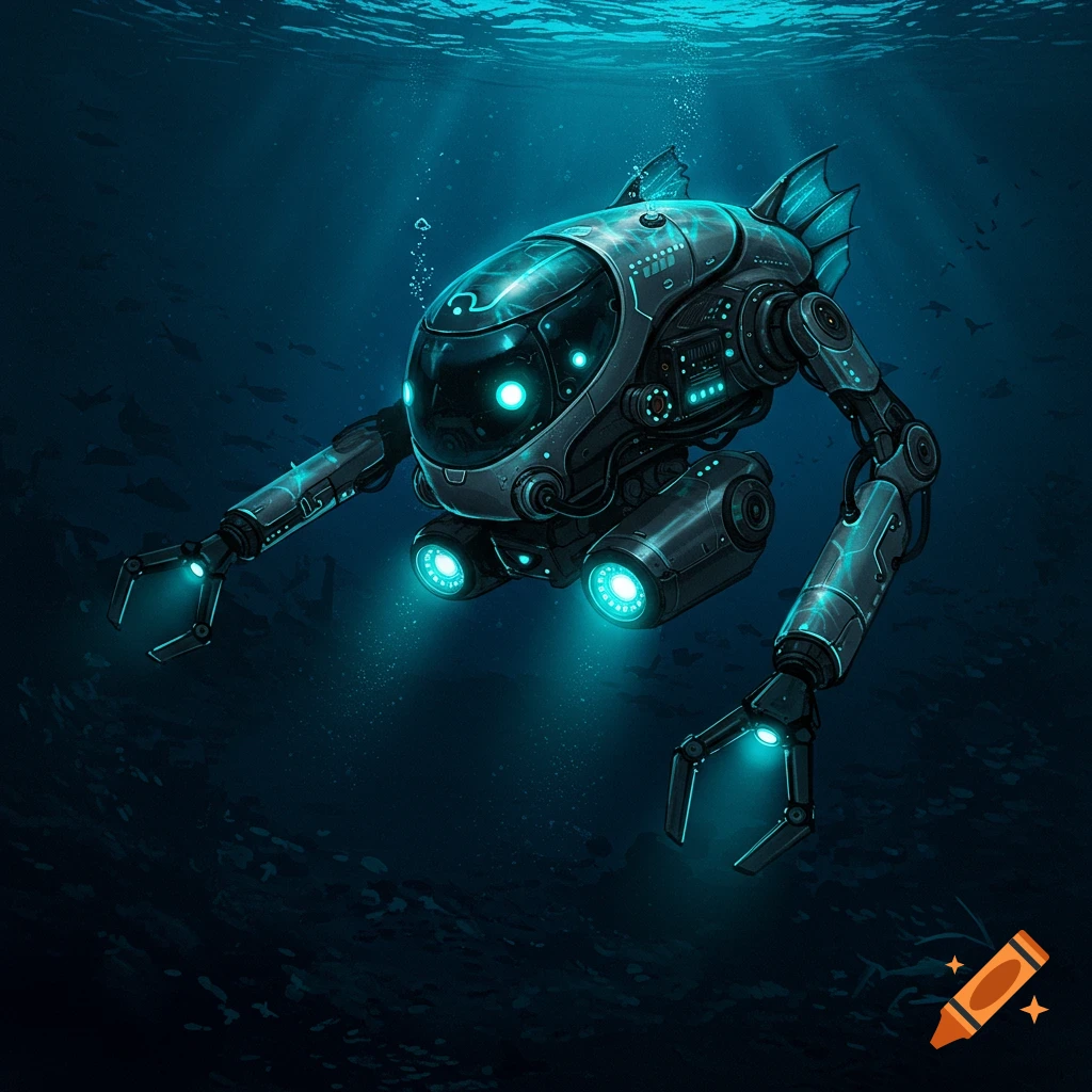 An underwater robot shaped like a fish, with arms, glows in deep blue water.