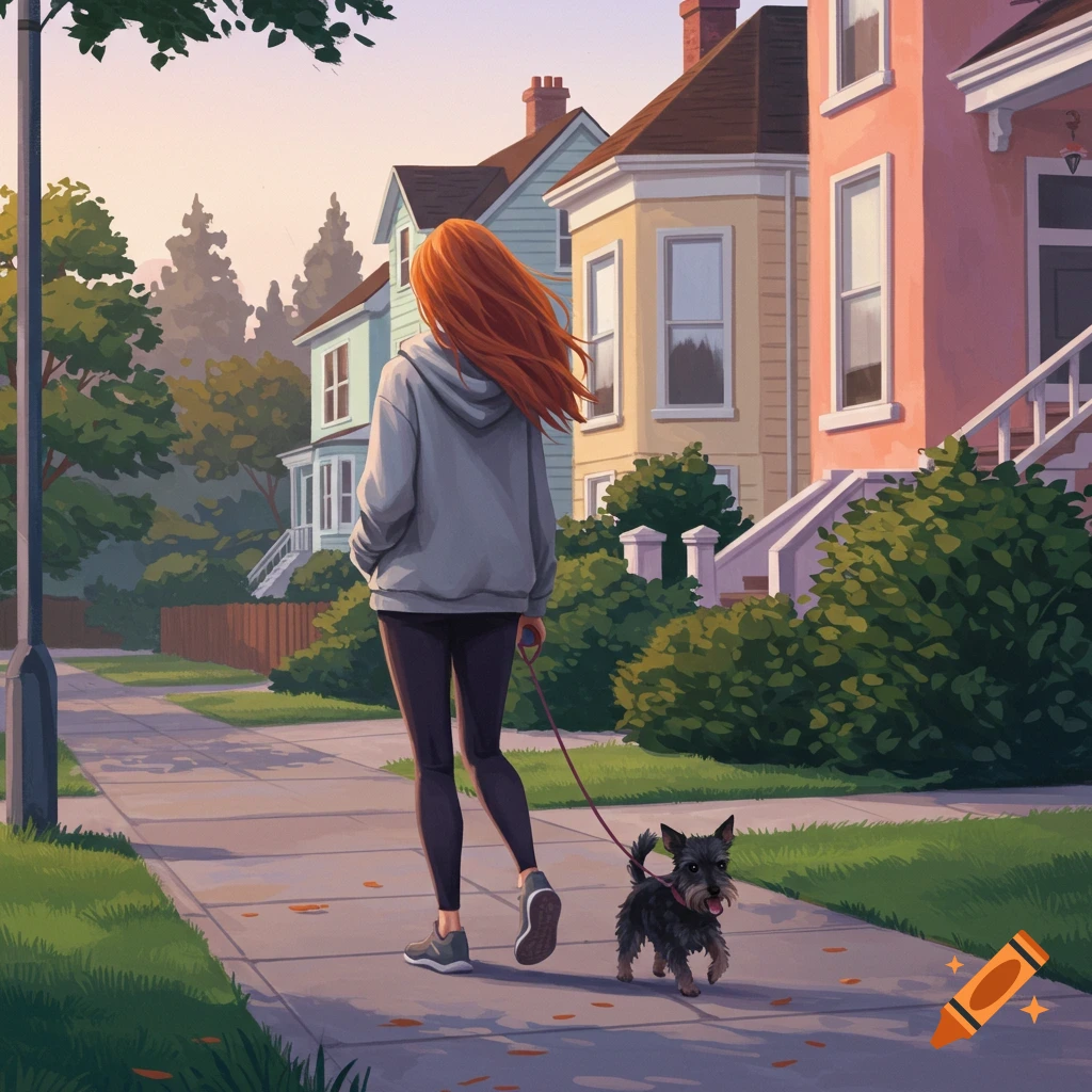 A person with red hair walks a dog on a sidewalk past houses in the morning light.