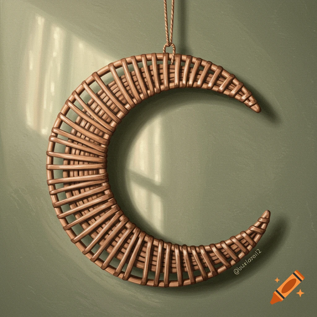 Realistic render of a rattan crescent moon wreath hanging on a green wall with a window shadow.