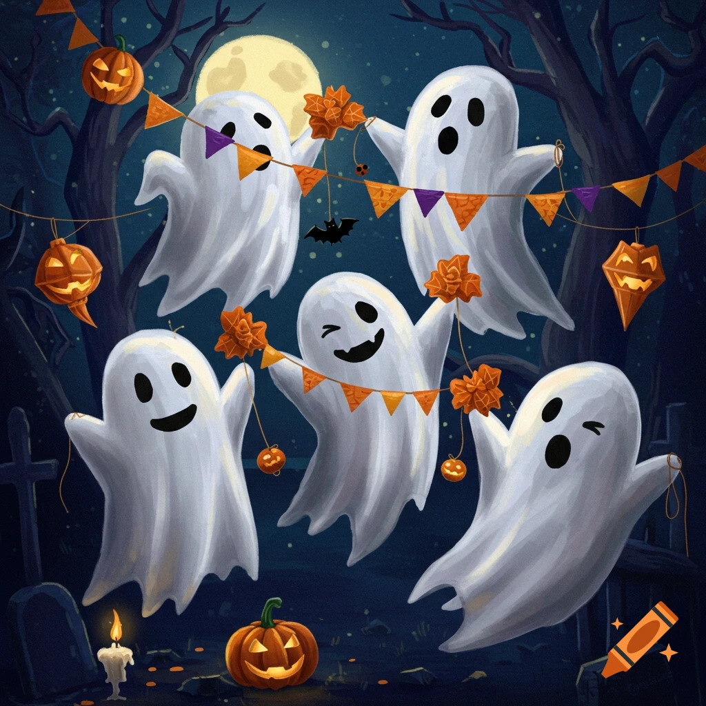 Cartoon ghosts decorating a graveyard scene with banners, pumpkins, and a full moon.