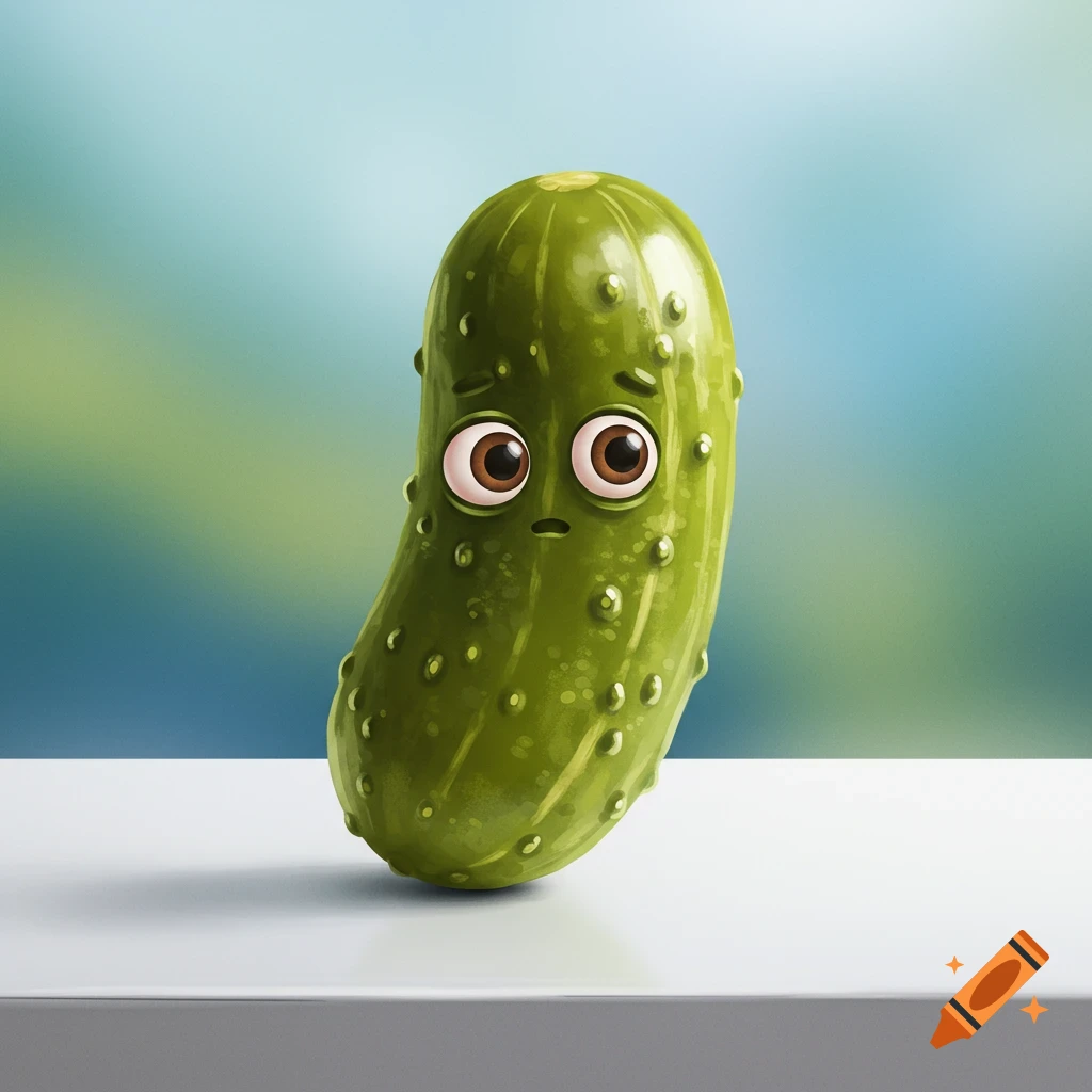 A cartoon pickle with eyes sits on a table.