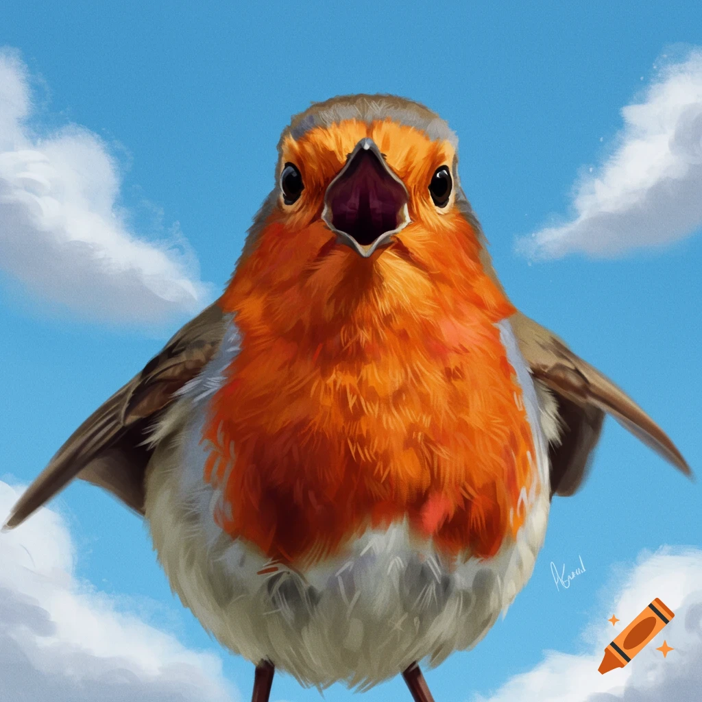 A robin facing the camera with its mouth open against a blue sky.