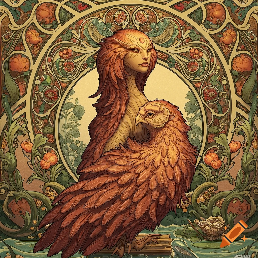 Stylized fantasy creature with woman's head and feathered body alongside a large bird, in decorative art nouveau frame